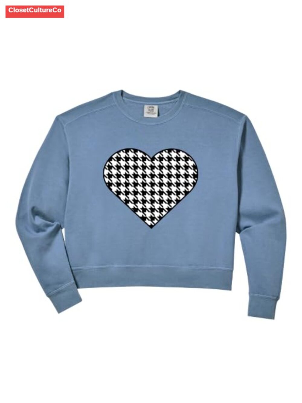 Houndstooth Heart Crop Sweatshirt Cotton Blend Crew Neck Womens